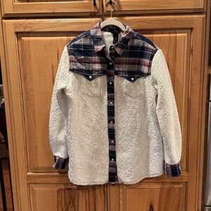 Cozy Sherpa Shacket with Plaid Yoke - Cream and Navy